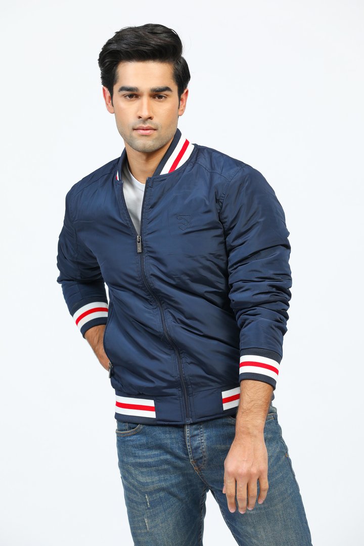 Navy Blue Bomber Jacket with Contrast Sleeve Bands